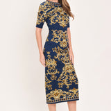NOBLE GOLDEN FLOURISH WOVEN MIDI DRESS