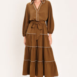 MAPLE TIERED MOMENTS WOVEN MIDI DRESS