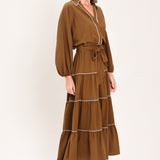 MAPLE TIERED MOMENTS WOVEN MIDI DRESS