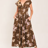 BROWN DAISY WOVEN MIDI DRESS