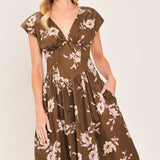 BROWN DAISY WOVEN MIDI DRESS