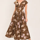 BROWN DAISY WOVEN MIDI DRESS