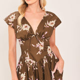 BROWN DAISY WOVEN MIDI DRESS