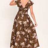 BROWN DAISY WOVEN MIDI DRESS