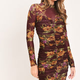 RUSSET FLORAL ELEGANCE POWER MESH MIDI DRESS