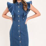 SWEETHEART BUTTON PARADE DENIM MIDI DRESS