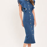 SWEETHEART BUTTON PARADE DENIM MIDI DRESS