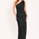 NOCTURNAL ROSE GLOW JACQUARD WOVEN SATIN MAXI DRESS