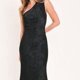 NOCTURNAL ROSE GLOW JACQUARD WOVEN SATIN MAXI DRESS