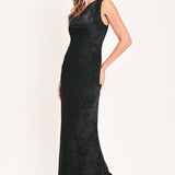 NOCTURNAL ROSE GLOW JACQUARD WOVEN SATIN MAXI DRESS