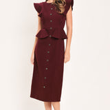BURGUNDY RUFFLE REVERENCE WOVEN MIDI DRESS