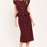 BURGUNDY RUFFLE REVERENCE WOVEN MIDI DRESS