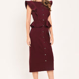 BURGUNDY RUFFLE REVERENCE WOVEN MIDI DRESS