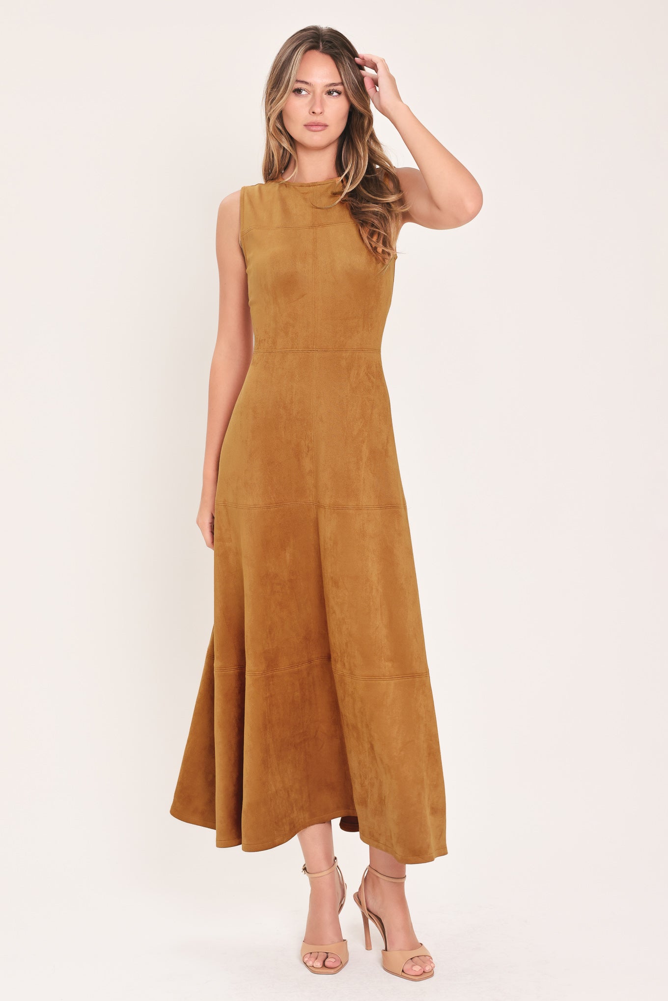 Flying Tomato Harvest Moon Camel Faux Suede Fit & Flare Midi Dress
