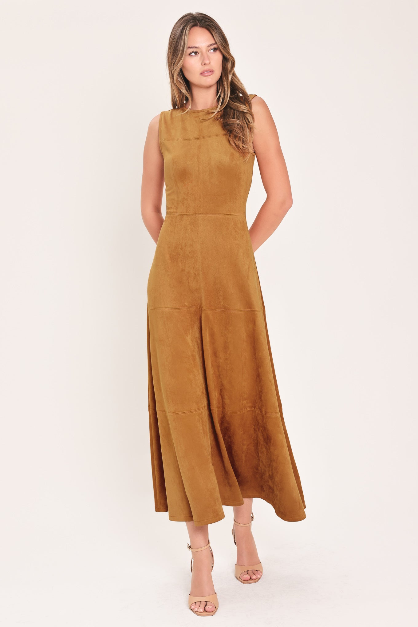 Flying Tomato Harvest Moon Camel Faux Suede Fit & Flare Midi Dress