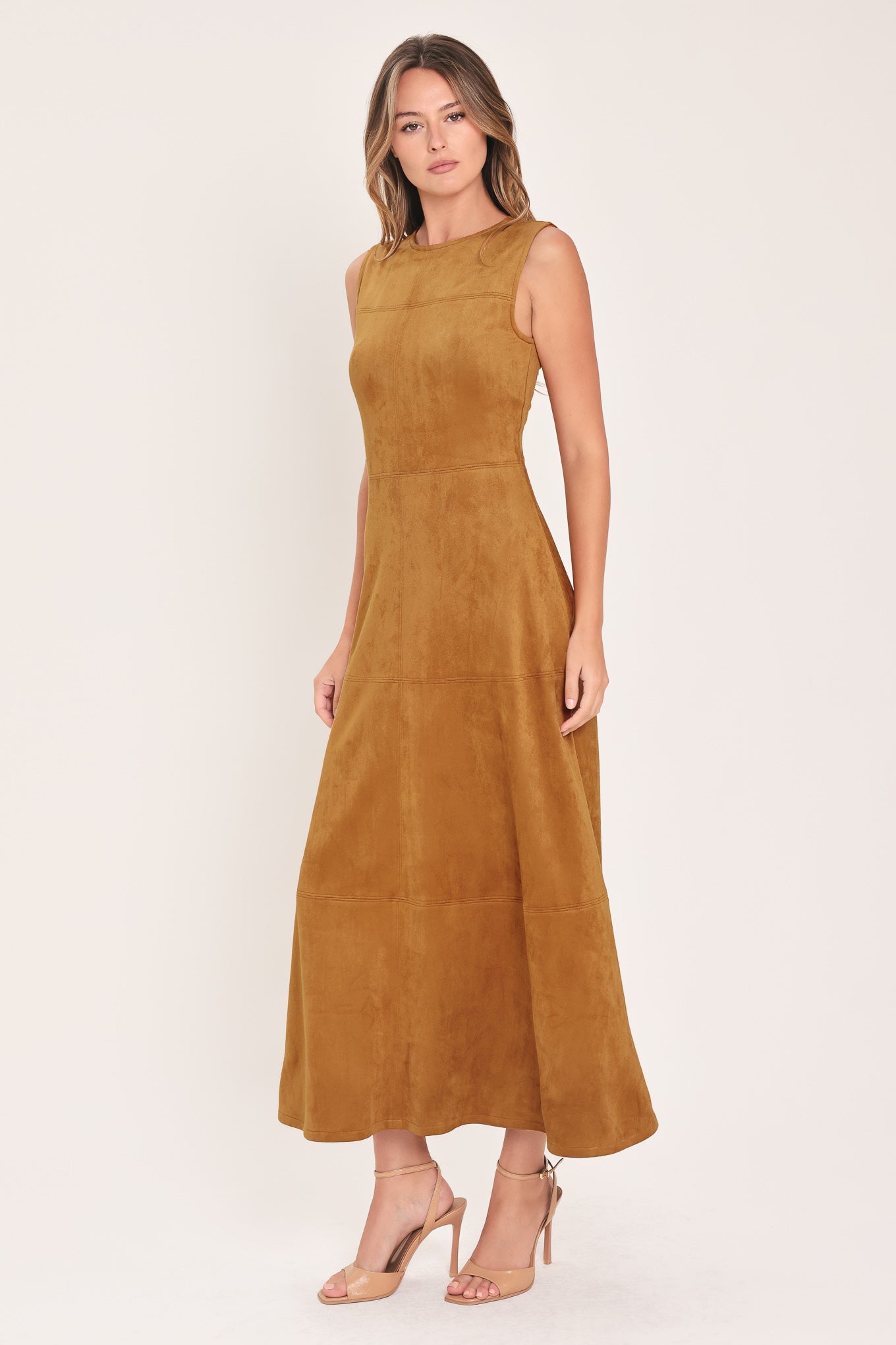 Flying Tomato Harvest Moon Camel Faux Suede Fit & Flare Midi Dress