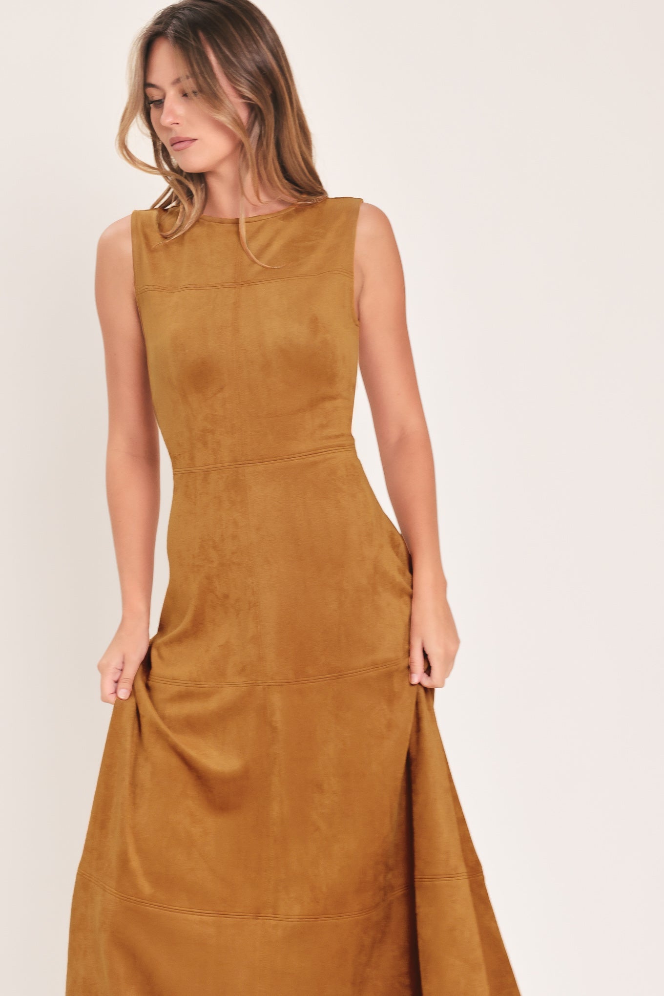 Flying Tomato Harvest Moon Camel Faux Suede Fit & Flare Midi Dress