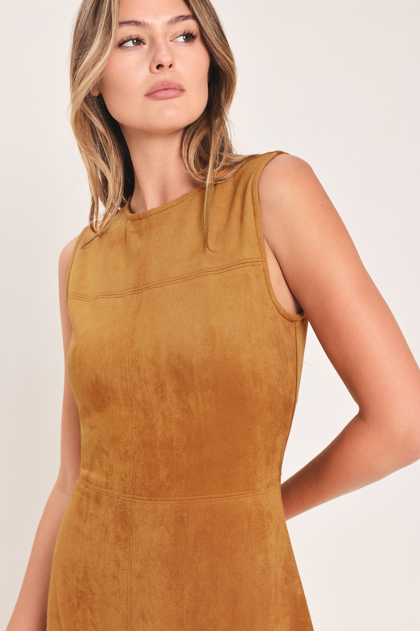 Flying Tomato Harvest Moon Camel Faux Suede Fit & Flare Midi Dress
