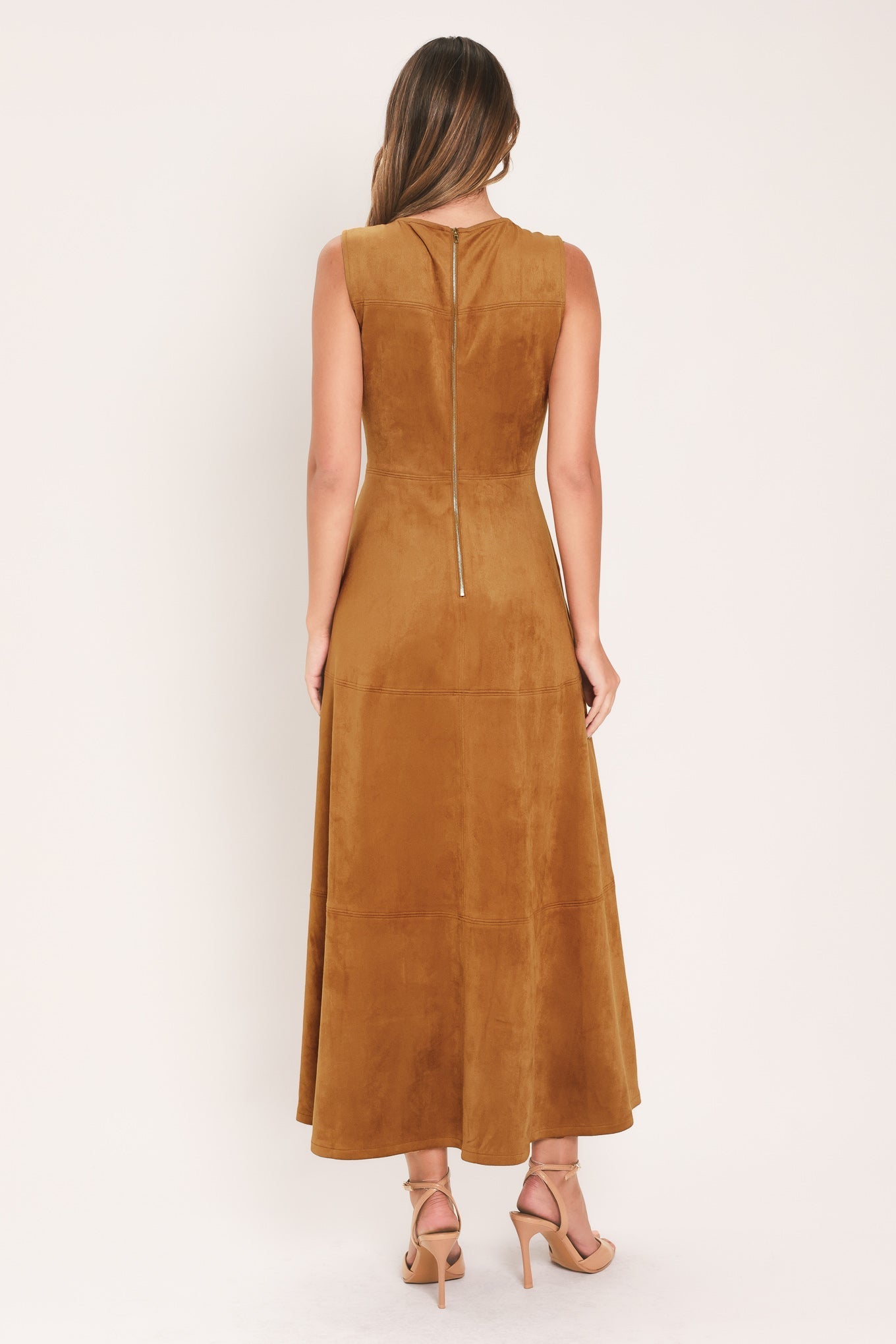 Flying Tomato Harvest Moon Camel Faux Suede Fit & Flare Midi Dress