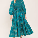 OCEAN DOT RUFFLE WOVEN MIDI DRESS