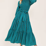 OCEAN DOT RUFFLE WOVEN MIDI DRESS