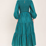 OCEAN DOT RUFFLE WOVEN MIDI DRESS