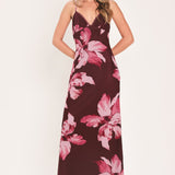MIDNIGHT MERLOT LACE TRIM MESH MAXI DRESS