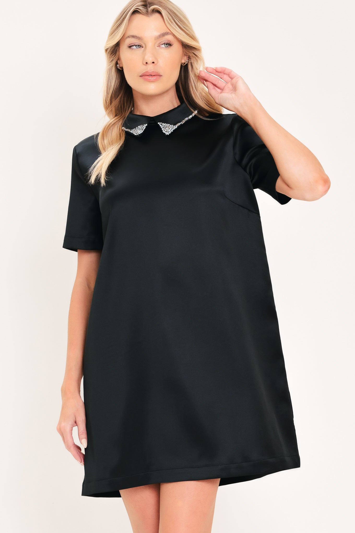Flying Tomato Onyx Collar Glow Woven Mini Dress in black