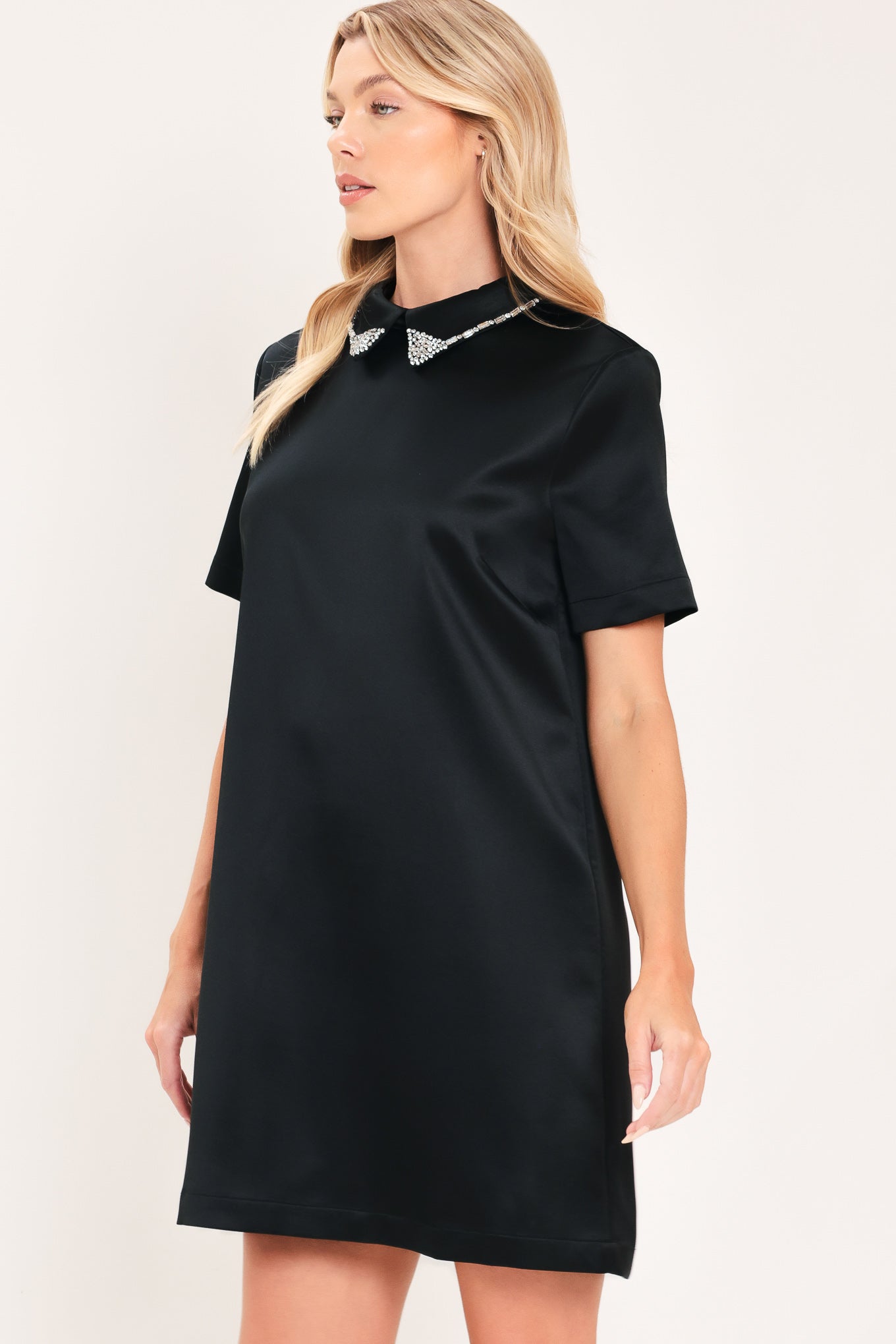 Flying Tomato Onyx Collar Glow Woven Mini Dress in black