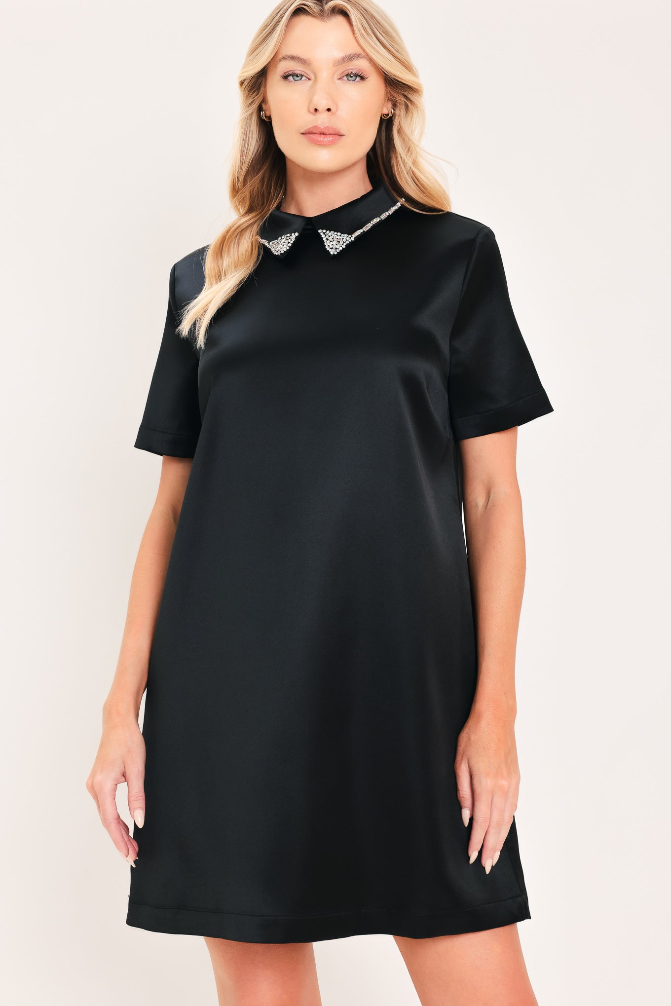 Flying Tomato Onyx Collar Glow Woven Mini Dress in black