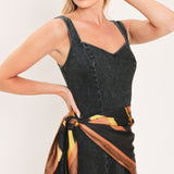 DARKWASH SCARF ELEGANCE DENIM MIDI DRESS