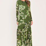 ENCHANTED GROVE MOSS GREEN PRINTED MESH ANKLE DRESS