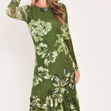 ENCHANTED GROVE MOSS GREEN PRINTED MESH ANKLE DRESS
