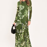 ENCHANTED GROVE MOSS GREEN PRINTED MESH ANKLE DRESS