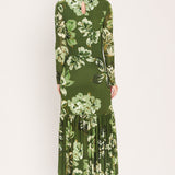 ENCHANTED GROVE MOSS GREEN PRINTED MESH ANKLE DRESS