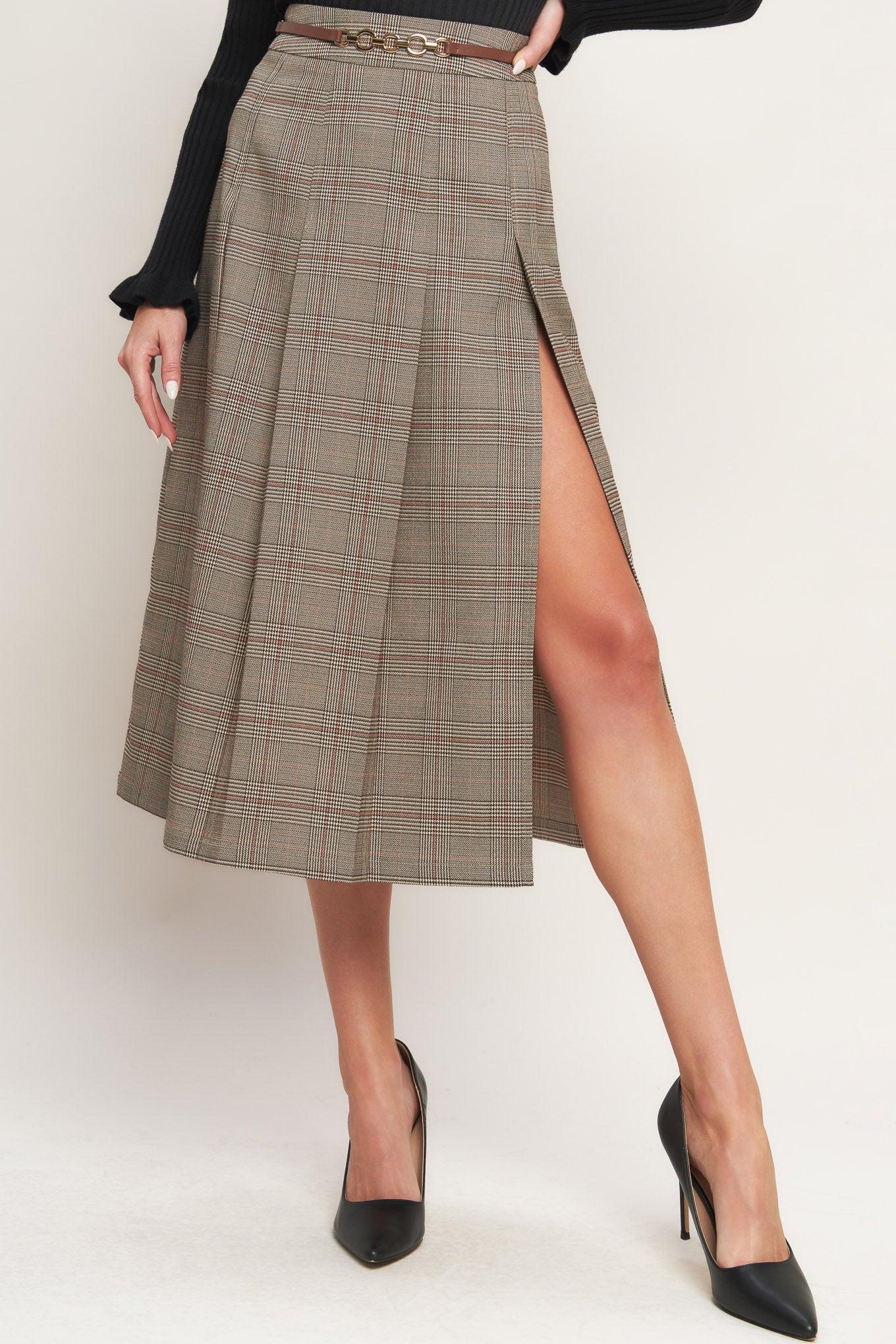 Flying Tomato British Trace Woven Midi Skirt in brown
