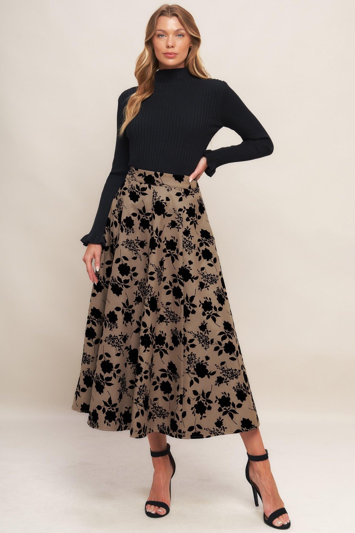 Flying Tomato Classic Bloom Look Woven Flocking Circle Skirt in sand