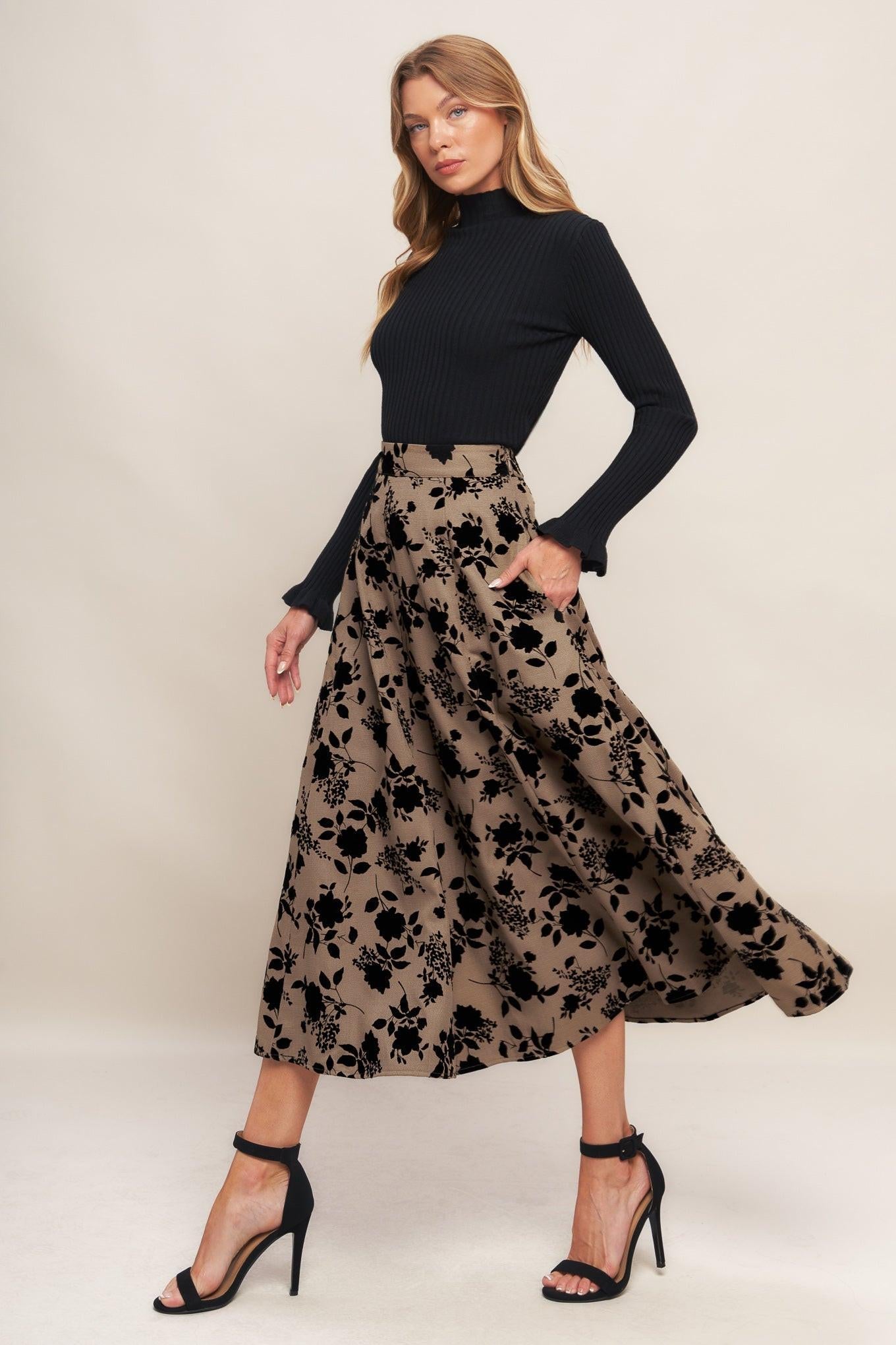 Flying Tomato Classic Bloom Look Woven Flocking Circle Skirt in sand
