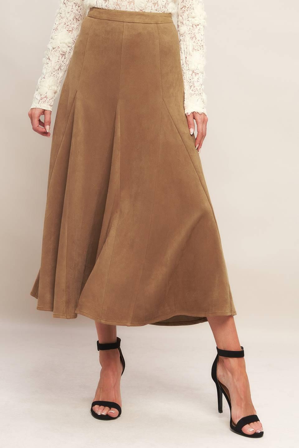 Flying Tomato Urban Chic Faux Suede Midi Skirt in camel