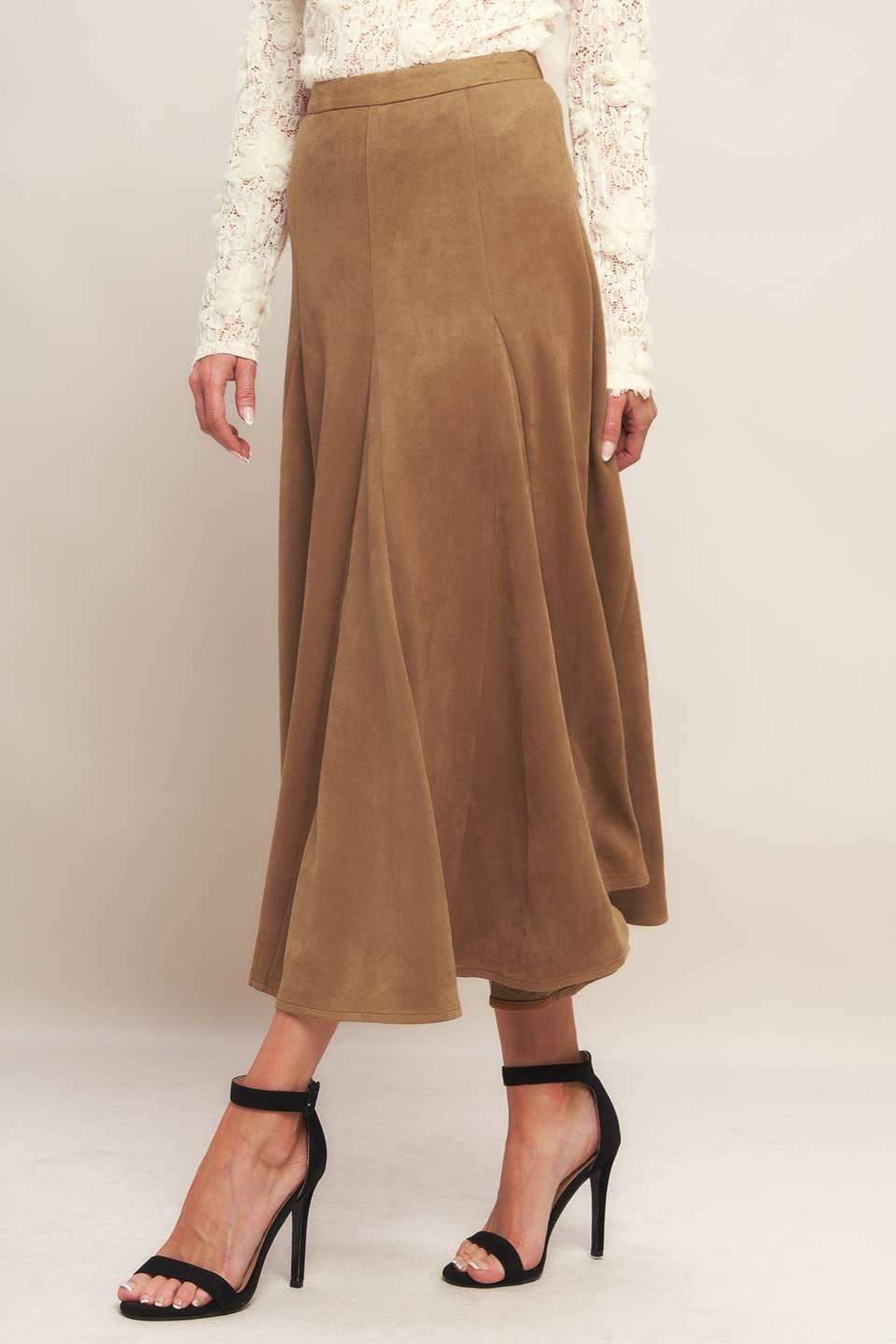 Flying Tomato Urban Chic Faux Suede Midi Skirt in camel
