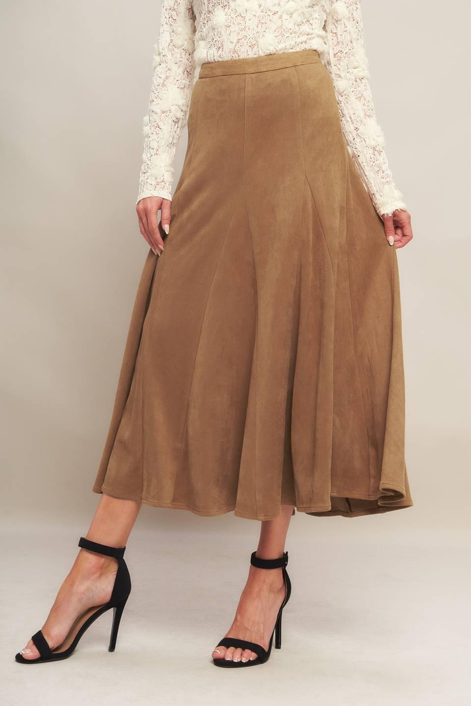 Flying Tomato Urban Chic Faux Suede Midi Skirt in camel