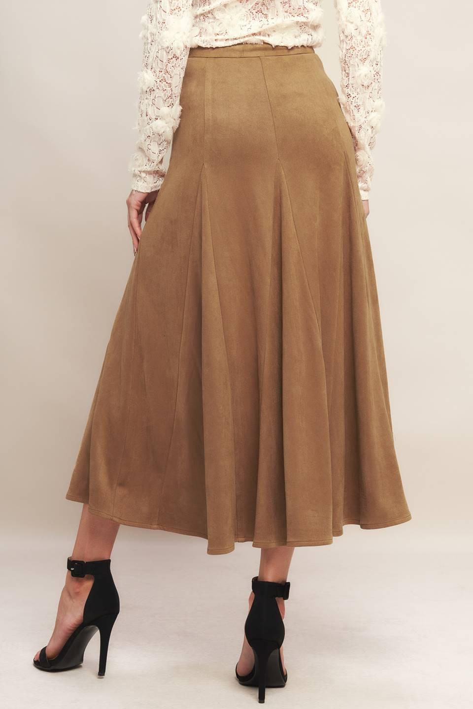 Flying Tomato Urban Chic Faux Suede Midi Skirt in camel
