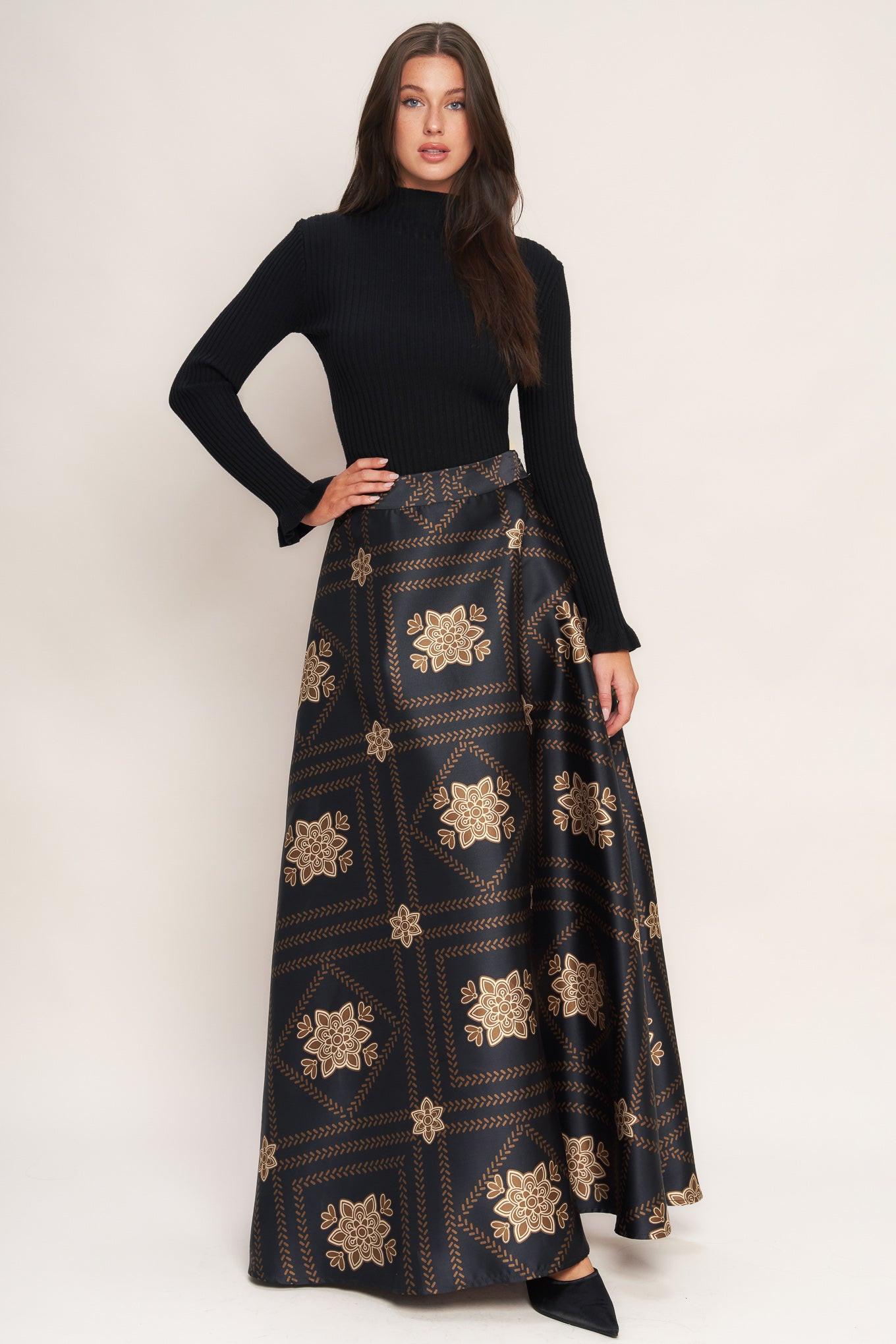 Flying Tomato Ornamental Nights Woven Maxi Circle Skirt in black