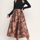 Flying Tomato Evening Botanicals Woven Full Midi Skirt in burgundy