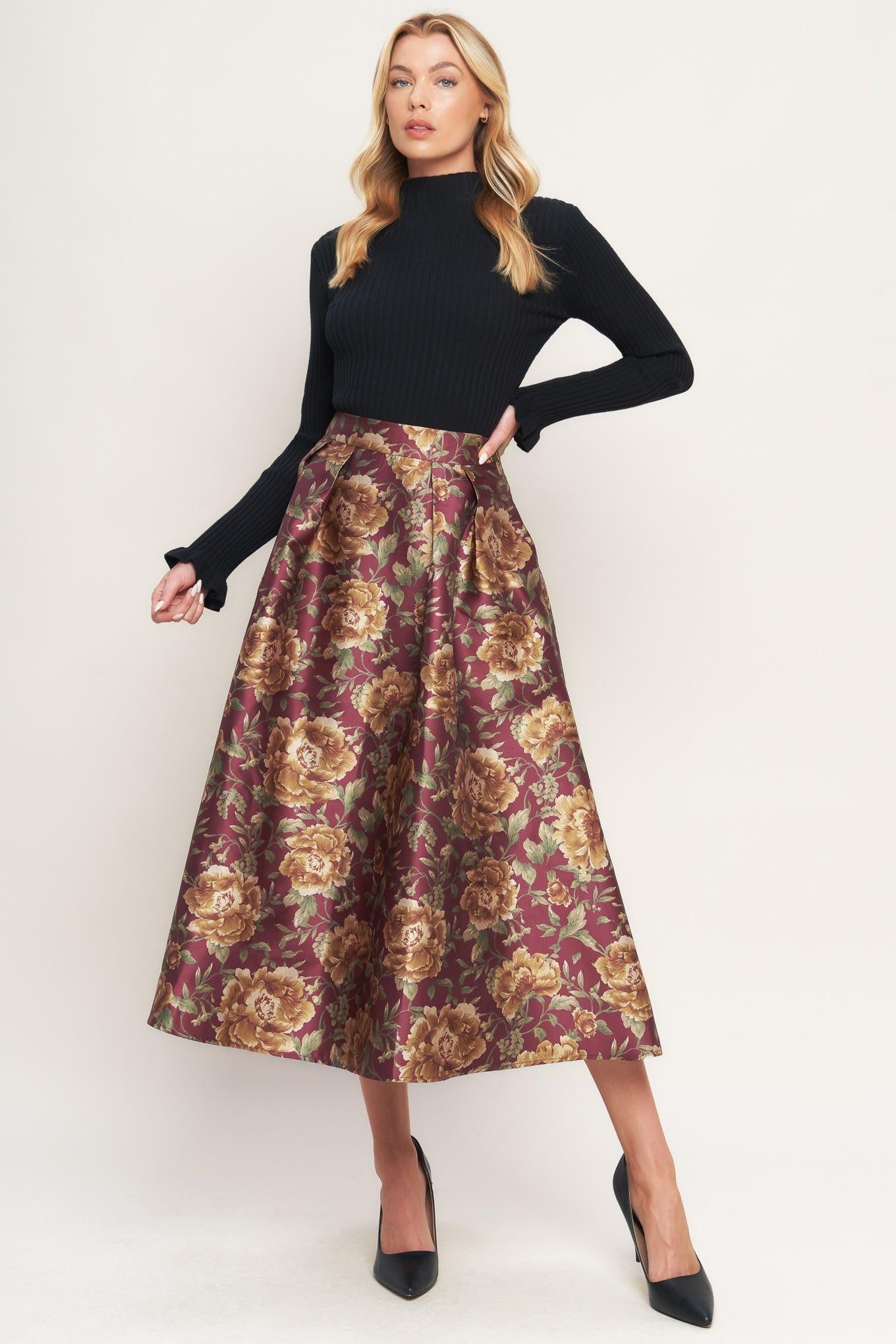Flying Tomato Evening Botanicals Woven Full Midi Skirt in burgundy