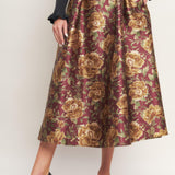 Flying Tomato Evening Botanicals Woven Full Midi Skirt in burgundy