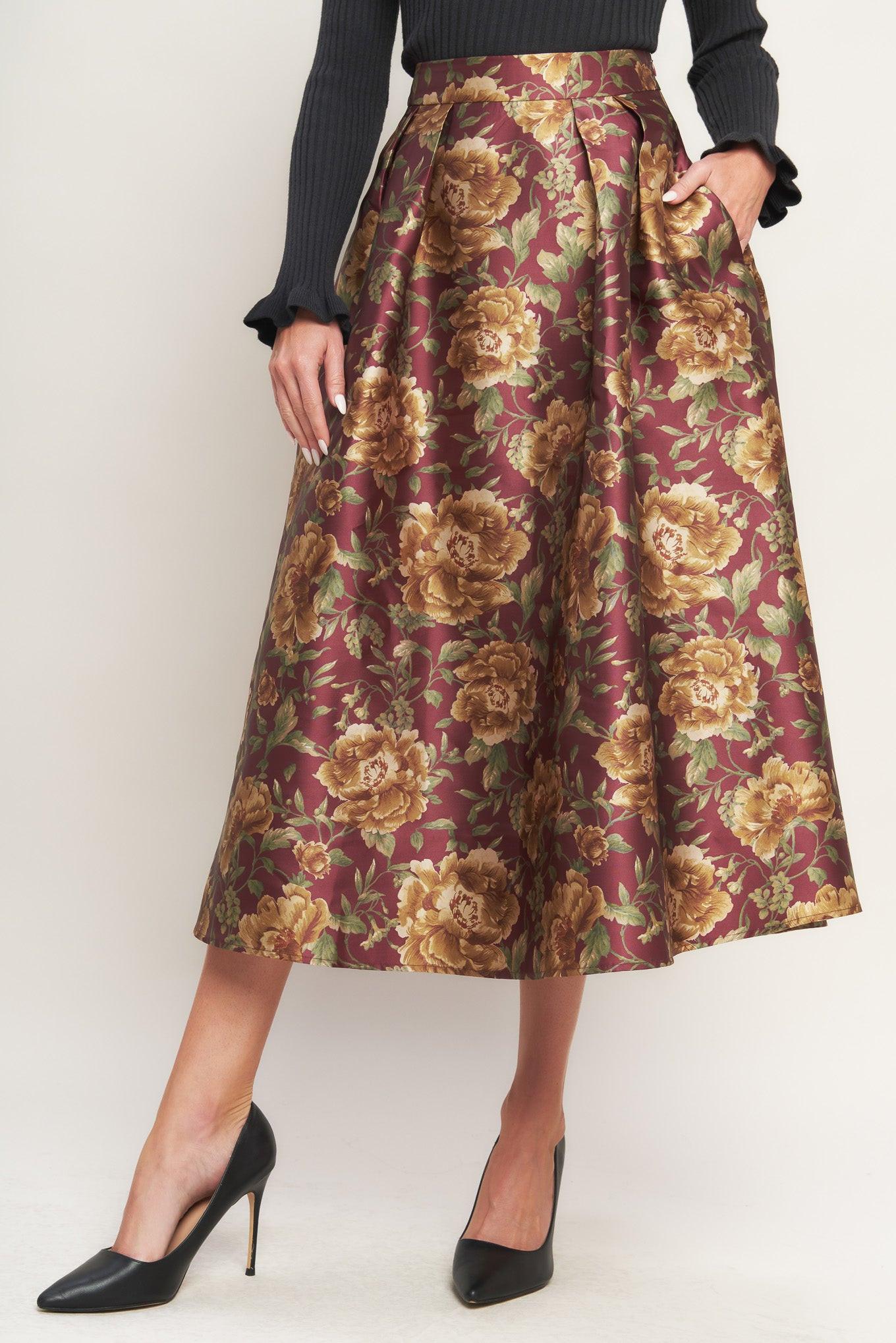 Flying Tomato Evening Botanicals Woven Full Midi Skirt in burgundy