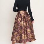 Flying Tomato Evening Botanicals Woven Full Midi Skirt in burgundy