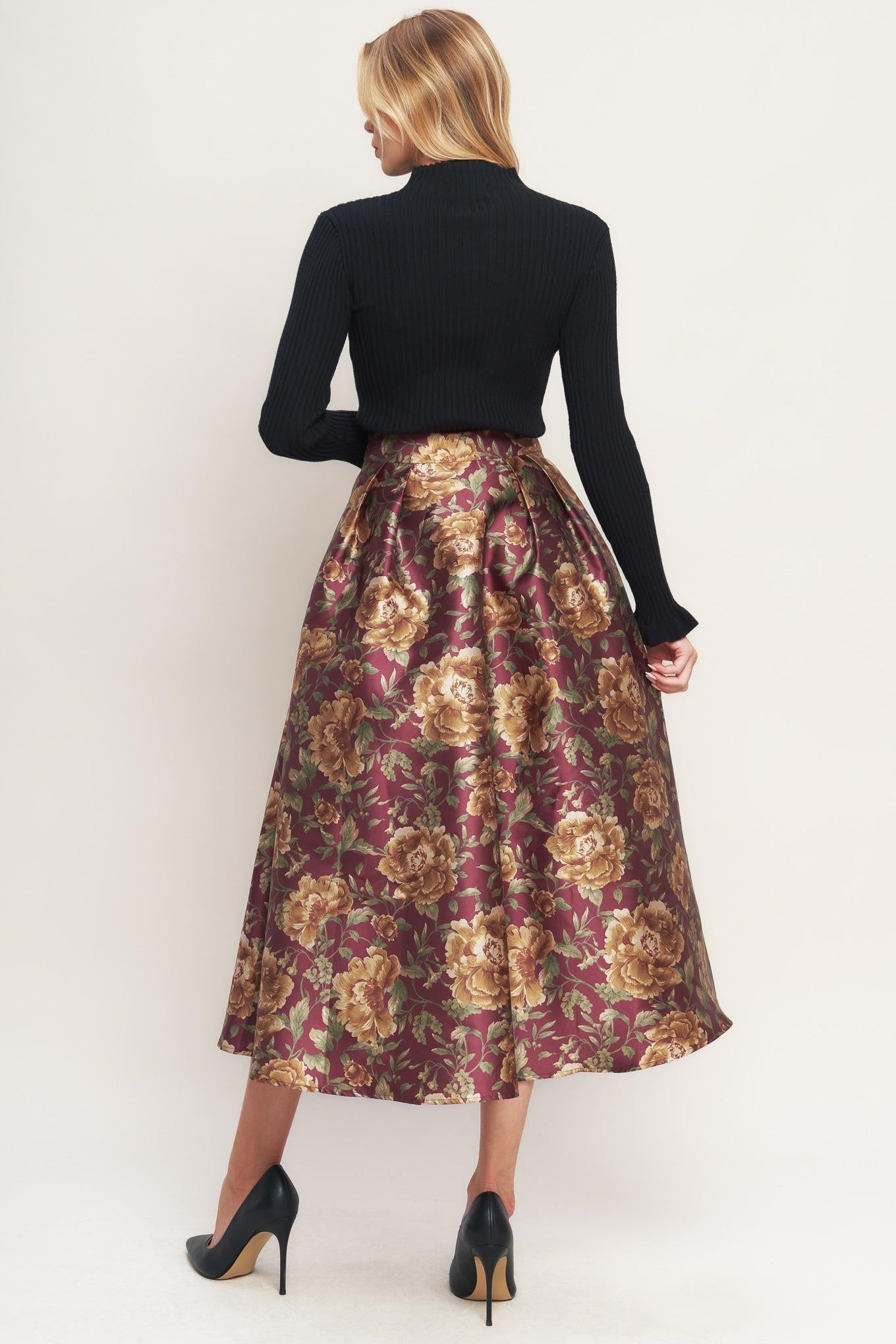 Flying Tomato Evening Botanicals Woven Full Midi Skirt in burgundy