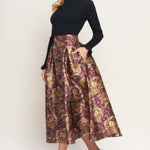 Flying Tomato Evening Botanicals Woven Full Midi Skirt in burgundy